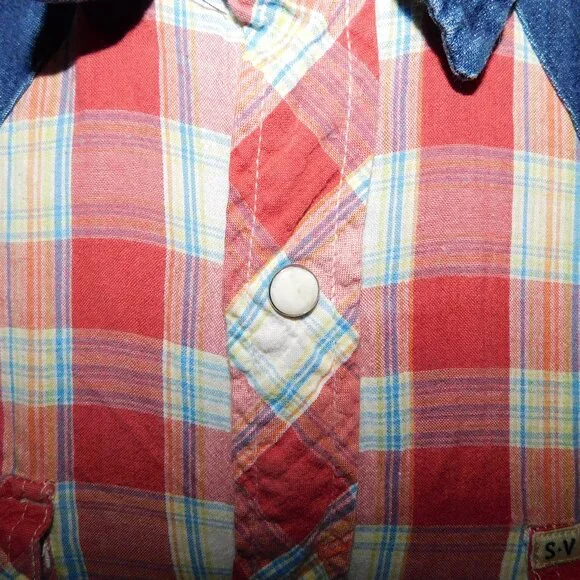Salt Valley Western Mens M Red Plaid Denim Detail Short Sleeve pearl Snap Shirt - Picture 5 of 12